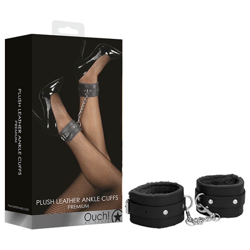 OUCH! Plush Leather Ankle Cuffs - Black